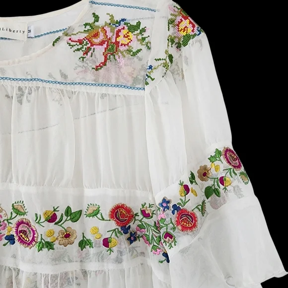 Johnny Was x 4 Love And Liberty White Silk Floral Embroidered Blouse Ruffles - Picture 5 of 15